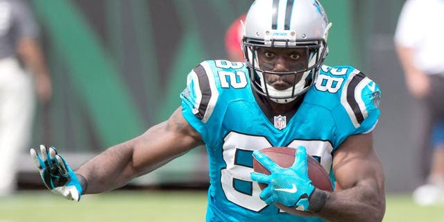 Sep 13, 2015; Jacksonville, FL, USA; Carolina Panthers wide receiver Jerricho Cotchery (82) runs with the ball during the game against the Jacksonville Jaguars at EverBank Field. The Panthers defeat the Jaguars 20-9. Mandatory Credit: Jerome Miron-USA TODAY Sports