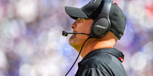 EAST RUTHERFORD, NJ - SEPTEMBER 20: Head coach Dan Quinn of the Atlanta Falcons looks on during a game against the New York Giants at MetLife Stadium on September 20, 2015 in East Rutherford, New Jersey. (Photo by Alex Goodlett/Getty Images)