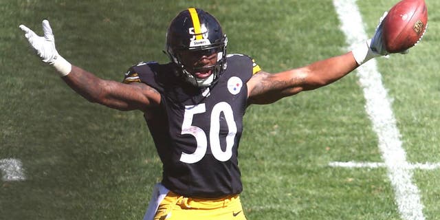 Sep 20, 2015; Pittsburgh, PA, USA; Pittsburgh Steelers inside linebacker Ryan Shazier (50) celebrates after recovering a fumble against the San Francisco 49ers during the second quarter at Heinz Field. Mandatory Credit: Charles LeClaire-USA TODAY Sports