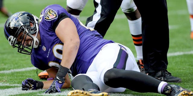 Sep 21, 2014; Cleveland, OH, USA; Baltimore Ravens tight end Dennis Pitta (88) winces in pain after getting injured during the second quarter against the Cleveland Browns at FirstEnergy Stadium. Mandatory Credit: Ken Blaze-USA TODAY Sports