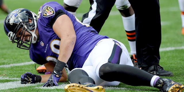 Sep 21, 2014; Cleveland, OH, USA; Baltimore Ravens tight end Dennis Pitta (88) winces in pain after getting injured during the second quarter against the Cleveland Browns at FirstEnergy Stadium. Mandatory Credit: Ken Blaze-USA TODAY Sports