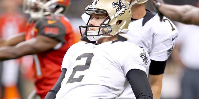 Sep 20, 2015; New Orleans, LA, USA; New Orleans Saints kicker Zach Hocker (2) watches a field goal attempt in the second half against the Tampa Bay Buccaneers at the Mercedes-Benz Superdome. It was no good. The Tampa Bay Buccaneers won, 23-19.Mandatory Credit: Chuck Cook-USA TODAY Sports