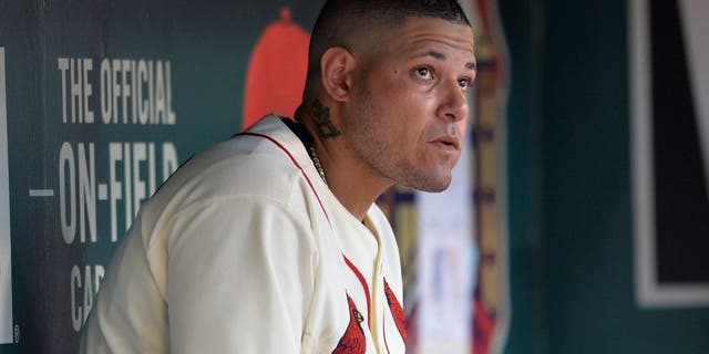 ST. LOUIS, MO - AUGUST 15: Yadier Molina #4 of the St. Louis Cardinals in the dugout during a game against the Miami Marlins at Busch Stadium on August 15, 2015 in St. Louis, Missouri. (Photo by Michael Thomas/Getty Images)