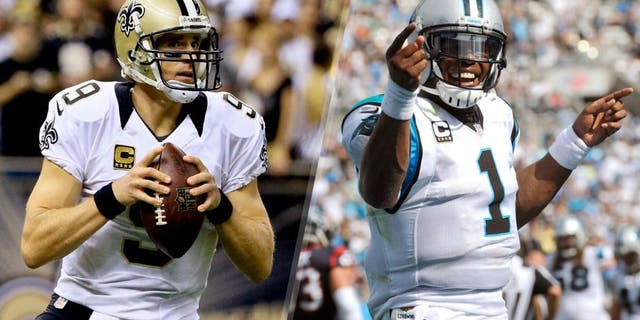 Quarterbacks Drew Brees, left, of New Orelans and Cam Newton of Carolina will play for the NFC South division title Sunday.