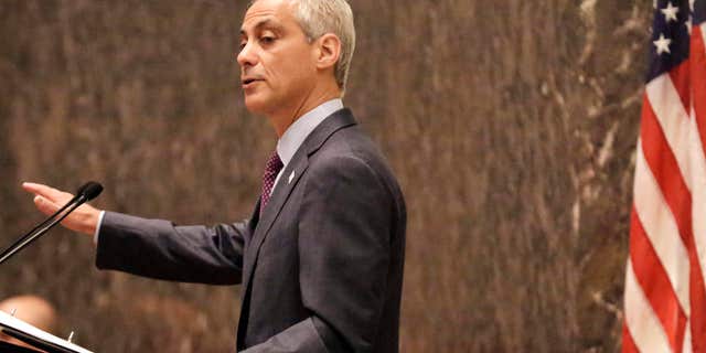 FILE - In this Sept. 22, 2015, file photo, Chicago Mayor Rahm Emanuel outlines his 2016 proposed budget before the City Council in Chicago.