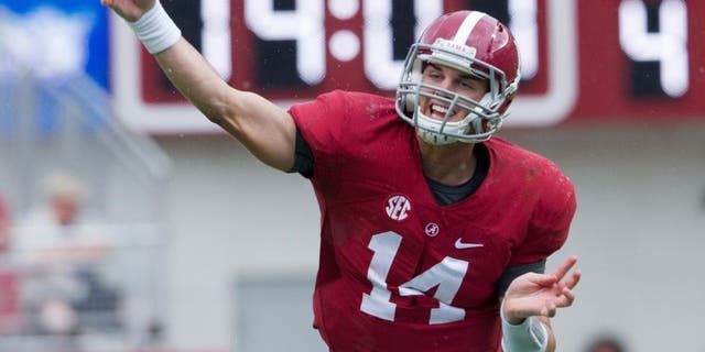 Sep 6, 2014; Tuscaloosa, AL, USA; Alabama Crimson Tide quarterback Jake Coker (14) passes against the Florida Atlantic Owls at Bryant-Denny Stadium. Mandatory Credit: Marvin Gentry-USA TODAY Sports