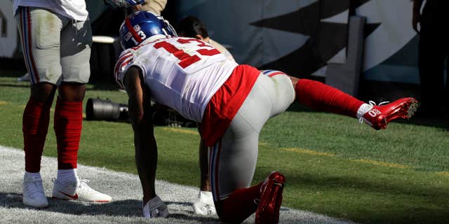 New York Giants' Odell Beckham, right, celebrates with Sterling Shepard after a touchdown during the second half of an NFL football game against the Philadelphia Eagles, Sunday, Sept. 24, 2017, in Philadelphia.