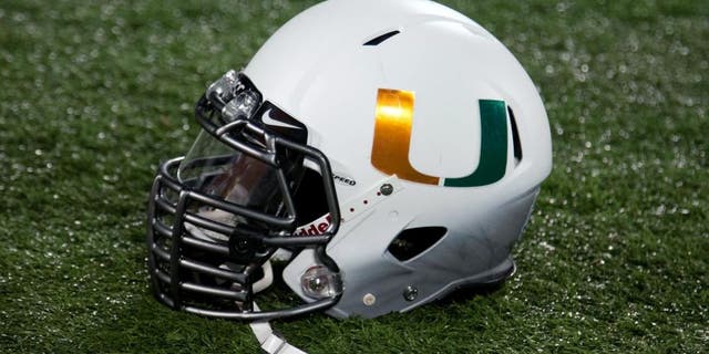 Dec 28, 2013; Orlando, FL, USA; A Miami Hurricanes helmet sits on the sidelines during the second quarter of the Russell Athletic Bowl against the Louisville Cardinals at Florida Citrus Bowl Stadium. Mandatory Credit: Rob Foldy-USA TODAY Sports