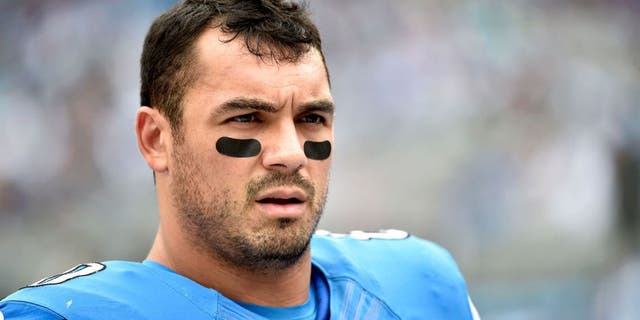 Sep 14, 2014; Charlotte, NC, USA; Detroit Lions tight end Joseph Fauria (80) on the sidelines in the first half at Bank of America Stadium. Mandatory Credit: Bob Donnan-USA TODAY Sports