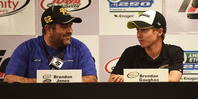 NEWTON, IA - JUNE 18: (L-R) Brendan Gaughan, driver of the #62 South Point Chevrolet and Brandon Jones, driver of the #33 Jeld-Wen / Menards Chevrolet, speak during a press conference at Iowa Speedway on June 18, 2016 in Newton, Iowa. (Photo by Jonathan Moore/NASCAR via Getty Images)