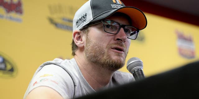 DARLINGTON, SC - SEPTEMBER 04: Dale Earnhardt Jr. speaks to the media during the NASCAR Sprint Cup Series Bojangles' Southern 500 at Darlington Raceway on September 4, 2016 in Darlington, South Carolina. (Photo by Blaine Ohigashi/Getty Images)