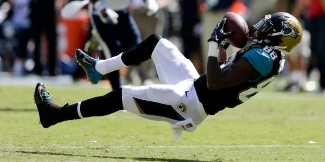 Jacksonville Jaguars wide receiver Allen Hurns hauls in a 45-yard past against the San Diego Chargers during the first half an NFL football game Sunday, Sept. 28, 2014, in San Diego. (AP Photo/Gregory Bull)