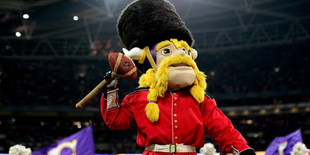 LONDON, ENGLAND - SEPTEMBER 29: Viktor the Viking the Minnesota mascot entertains the fans during the NFL International Series game between Pittsburgh Steelers and Minnesota Vikings at Wembley Stadium on September 29, 2013 in London, England. (Photo by Jamie McDonald/Getty Images)