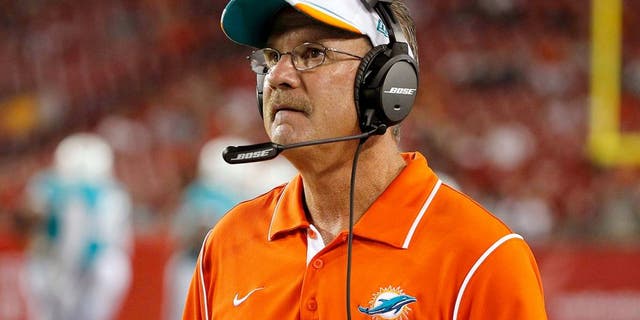 Aug 16, 2014; Tampa, FL, USA; Miami Dolphins defensive coordinator Kevin Coyle during the second half at Raymond James Stadium. Miami Dolphins defeated the Tampa Bay Buccaneers 20-14. Mandatory Credit: Kim Klement-USA TODAY Sports