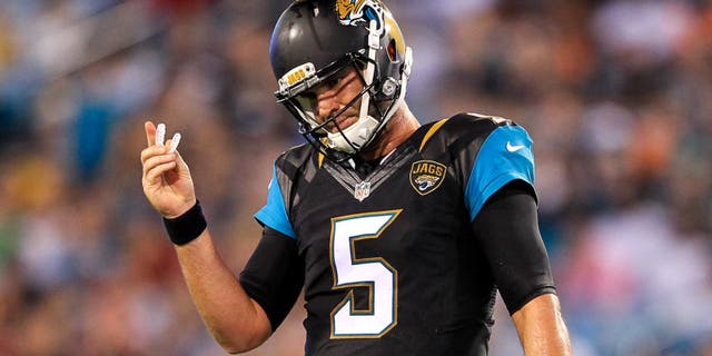 JACKSONVILLE, FL - AUGUST 28: Blake Bortles #5 of the Jacksonville Jaguars reacts during the preseason game against the Cincinnati Bengals at EverBank Field on August 28, 2016 in Jacksonville, Florida. (Photo by Rob Foldy/Getty Images)