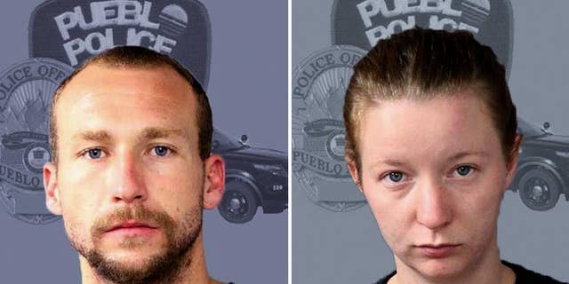 FILE - This undated booking file photo released by the Pueblo, Colo., Police Department shows Joshua Robertson and Brittney Humphrey. The California couple was charged with murder in the shooting death of a relative and the kidnapping of her young children. The Los Angeles County District Attorney's Office announced the charges Thursday, Sept. 22, 2016, against Robertson and Humphrey. (Pueblo Police Department via AP, File)