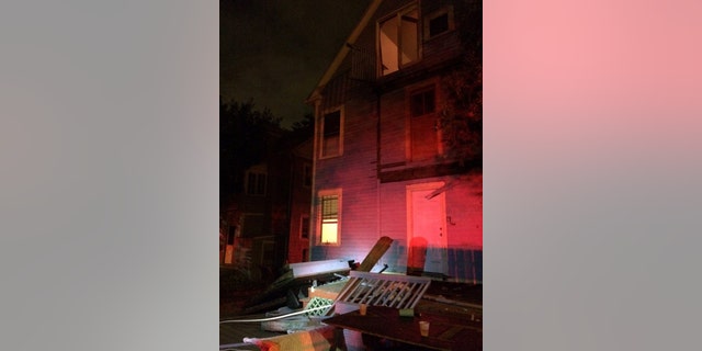 Sept. 10, 2016: This photo provided by the Hartford Police Department shows a collapsed deck at a house near Trinity College in Hartford, Conn.