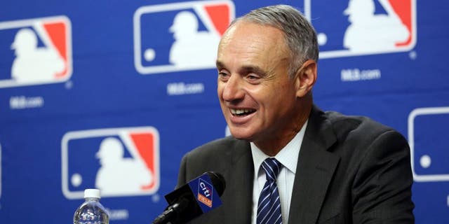 NEW YORK, NY - SEPTEMBER 30: Major League Baseball Commissioner Robert D. Manfred Jr. speaks during the 2015 Sports Diversity &amp; Inclusion Symposium at Citi Field on Wednesday, September 30, 2015 in the Queens borough of New York City. (Photo by Alex Trautwig/MLB Photos via Getty Images)
