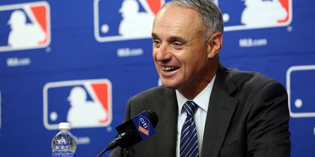 NEW YORK, NY - SEPTEMBER 30: Major League Baseball Commissioner Robert D. Manfred Jr. speaks during the 2015 Sports Diversity & Inclusion Symposium at Citi Field on Wednesday, September 30, 2015 in the Queens borough of New York City. (Photo by Alex Trautwig/MLB Photos via Getty Images)