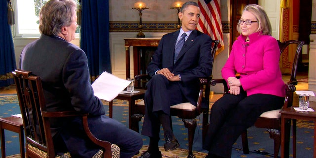 Jan. 25, 2013: File image taken from video and provided by CBS, President Barack Obama, center, and Secretary of State Hillary Rodham Clinton speak with 60 Minutes correspondent Steve Kroft, left, in the Blue Room of the White House in Washington.