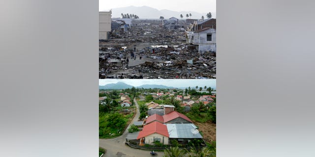 This combination of photos shows areas affected by the earthquake-triggered tsunami which hit Banda Aceh, the capital of Aceh province, Indonesia, on Dec 25, 2004. The top photo shows a devastated area on Dec 31, 2004, six days after the tsunami. The bottom photo shows an area with rebuilt housing on Nov. 19, 2013. Aceh’s reconstruction didn’t always run smoothly, especially during the first year, but it is now almost universally regarded as successful. Around 130,000 houses were built in less than three years, along with scores of airports, roads and schools. It was the biggest construction project in the developing world. The man who steered Indonesia to recovery after the 2004 tsunami has some cautionary words for the Philippines as it begins planning reconstruction after Typhoon Haiyan. Hundreds of thousands of homeless survivors will get angry about living in tents well before houses will be ready for them, and inflation will soon make those houses much more expensive to build. (AP Photo)