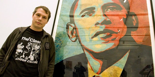 Feb. 3, 2009: Artist Shepard Fairey poses beside his "Obama HOPE" image, part of an exhibit of his work at the Institute of Contemporary Art.