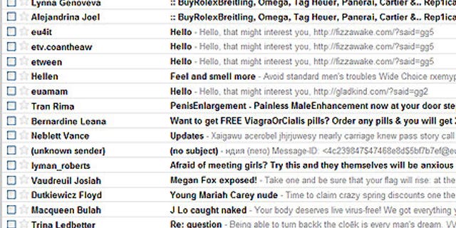 A screen shot of spam piling up in a Gmail account.