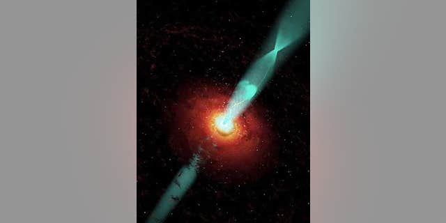 An artist's conception of a black hole blazar as it spurts out jets of charged particles accelerated by corkscrew magnetic field lines