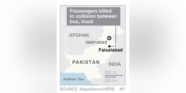 Map locates Faisalabad, Pakistan; 1c x 3 inches; 46.5 mm x 76 mm;