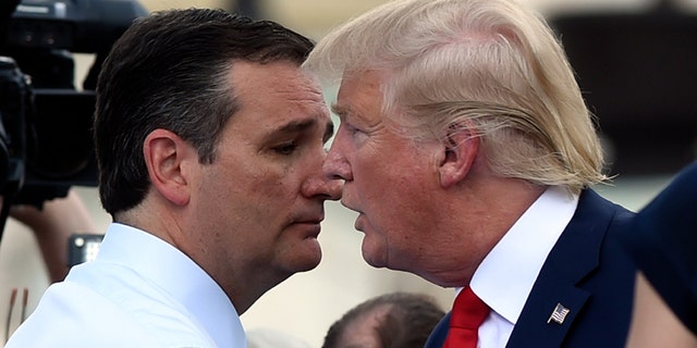 Donald Trump and Sen. Ted Cruz during a rally opposing the Iran nuclear deal, Wednesday, Sept. 9, 2015.