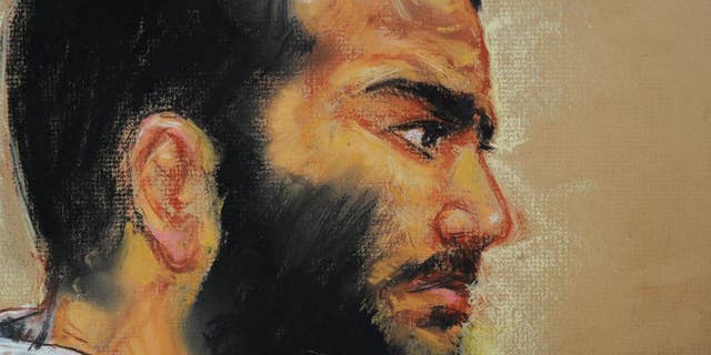 FILE - In this Dec. 12, 2008 file courtroom drawing by artist Janet Hamlin, reviewed by the US military, Canadian-born accused terrorist Omar Khadr attends a pre-trial session in Camp Justice on the U.S. Naval Base in Guantanamo Bay, Cuba. The Canadian government was in court Tuesday morning, May 5, 2015, seeking to block the release on bail of former Guantanamo Bay inmate Omar Khadr while he appeals his conviction for war crimes in the United States.(AP Photo/Janet Hamlin, Pool, File)