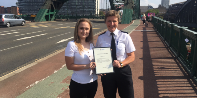Paige Hunter, left, was commended by Northumbia Police Chief Superintendent Sarah Pitt for leaving more than 40 "heartfelt notes" on the Wearmouth Bridge in Sunderland, England.
