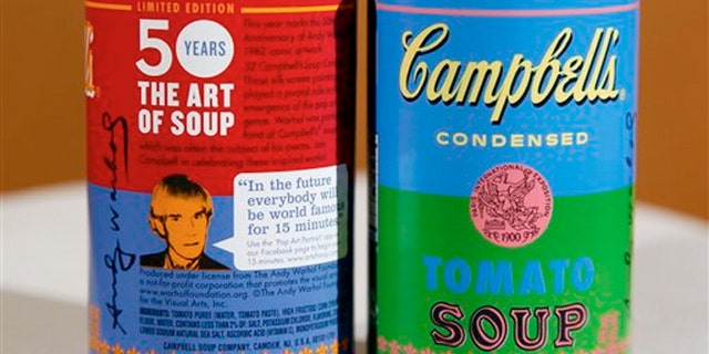 Aug. 24, 2012: A new limited edition Campbell's tomato soup cans with art and sayings by artist Andy Warhol are seen at Campbell Soup Company in Camden, N.J.