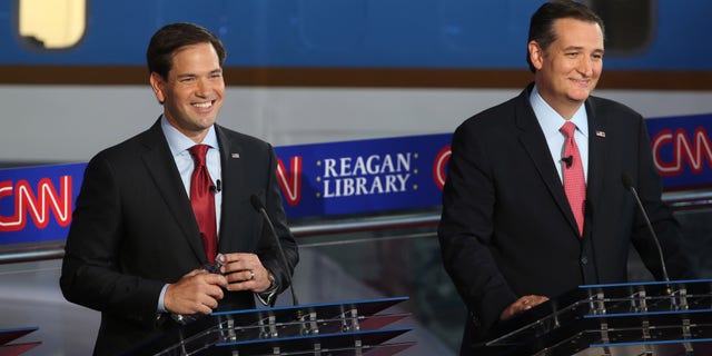 SIMI VALLEY, CA - SEPTEMBER 16: Republican presidential candidate Marco Rubio and Ted Cruz take part in the presidential debates at the Reagan Library on September 16, 2015 in Simi Valley, California. Fifteen Republican presidential candidates are participating in the second set of Republican presidential debates. (Photo by Justin Sullivan/Getty Images)