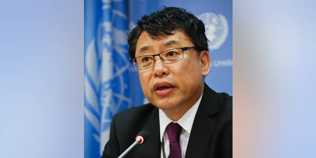 North Korea's Deputy Ambassador to the United Nations, Kim In Ryong, speaks during a news briefing on Monday, April 17, 2017, at U.N. headquarters. (AP Photo/Bebeto Matthews)