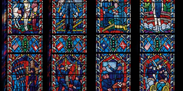 Stained glass windows at the cathedral memorialize Confederate Generals Robert E. Lee and Thomas Stonewall Jackson.
