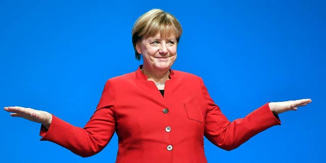 German Chancellor Angela Merkel speaks at the Christian Democratic Union conference on Tuesday.
