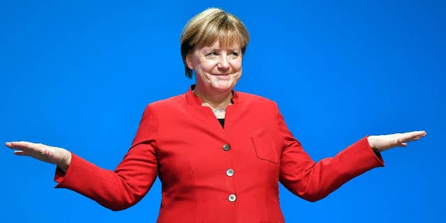 German Chancellor Angela Merkel speaks at the Christian Democratic Union conference on Tuesday.