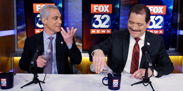 Chicago Mayor Rahm Emanuel and Cook County Commissioner Jesus Garcia in Chicago, Thursday, March 26, 2015.