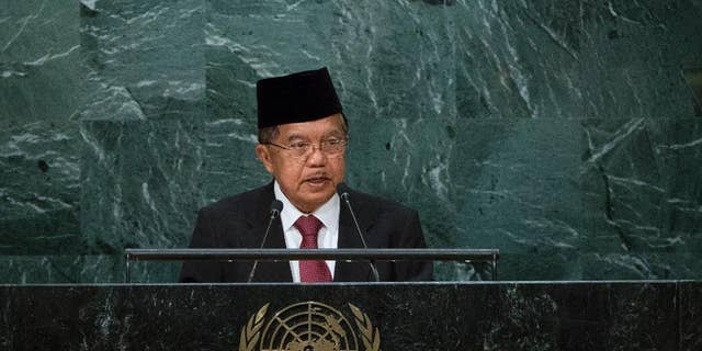 Indonesia's Vice President Muhammad Jusuf Kalla addresses the 71st session of the United Nations General Assembly, at U.N. headquarters, Friday, Sept. 23, 2016. (AP Photo/Craig Ruttle)
