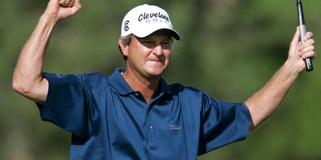 FILE - In this Sunday, Oct. 16, 2005 file photo, Wes Short Jr. reacts after sinking a birdie putt on the 18th hole to face Jim Furyk in the playoff during the final day of Michelin Championship in Las Vegas. Short first tried to qualify for the U.S. Open when he was a high school senior in Texas. He finally made it 34 years later at age 52. The U.S. Open is June 16-19, 2016 at Oakmont (AP Photo/Jae C. Hong, File)