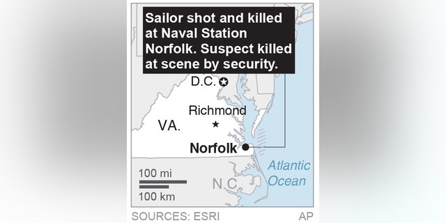 Map locates naval station shooting; 1c x 2 inches; 46.5 mm x 50 mm;
