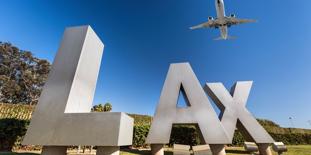 USA, California, Los Angeles, Road to International Los Angeles Airport, LAX sign