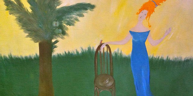 MALINOVKA (Robin)â¨Tatyana Lyarson (Kazan, Russia) 1998â¨40cm x 50cm, oil on canvasâ¨Purchased at a Boston thrift storeâ¨â¨The young woman's head is slightly atilt under the weight of impossibly orange hair in this idyllic tableau. A tiny songbird has alighted from the dwarf tree bearing two green apples onto a one dimensional chair, contemplating the coiffure as a potential new home.