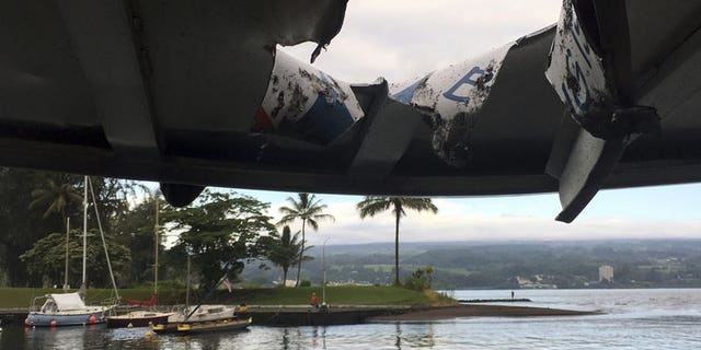Damage can be seen to the roof of a tour boat after an explosion sent lava flying through the roof off the Big Island of Hawaii.