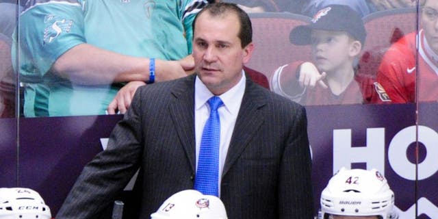 Jan 2, 2014; Glendale, AZ, USA; Columbus Blue Jackets head coach Todd Richards looks on during the second period against the Phoenix Coyotes at Jobing.com Arena. Mandatory Credit: Matt Kartozian-USA TODAY Sports