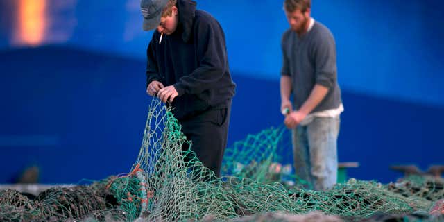 FILE - In this Nov. 15, 2013 file photo, fishermen Ed Stewart, left, and Tannis Goodsen mend groundfishing nets on Merrill Wharf in Portland, Maine.