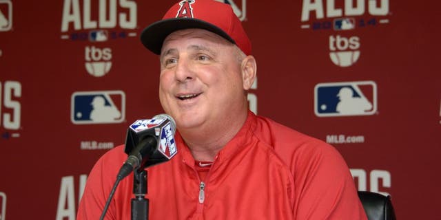 Oct 1, 2014; Anaheim CA, USA; Los Angeles Angels manager Mike Scioscia during press conference in advance of game 1 of the 2014 American League Divisional Series against the Kansas City Royals at Angel Stadium of Anaheim. Mandatory Credit: Kirby Lee-USA TODAY Sports
