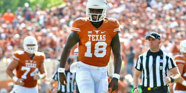 Sep 26, 2015; Austin, TX, USA; Texas Longhorns quarterback Tyrone Swoopes (18) reacts against the Oklahoma State Cowboys during the second quarter at Darrell K Royal-Texas Memorial Stadium. Mandatory Credit: Brendan Maloney-USA TODAY Sports
