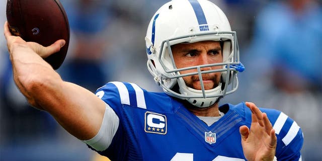 Sep 27, 2015; Nashville, TN, USA; Indianapolis Colts quarterback Andrew Luck (12) warms up prior to the game against the Tennessee Titans at Nissan Stadium. Mandatory Credit: Christopher Hanewinckel-USA TODAY Sports